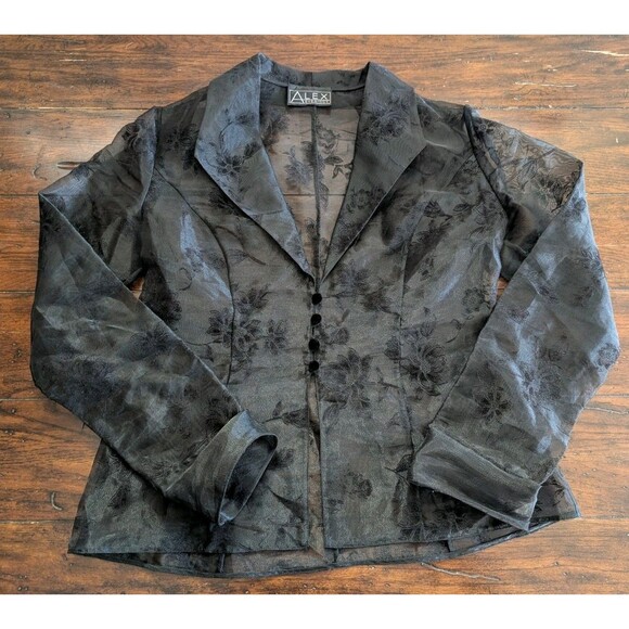 Alex Evenings Black Floral Sheer Blazer Jacket Goth Glam Eveningwear Vtg - Picture 2 of 8
